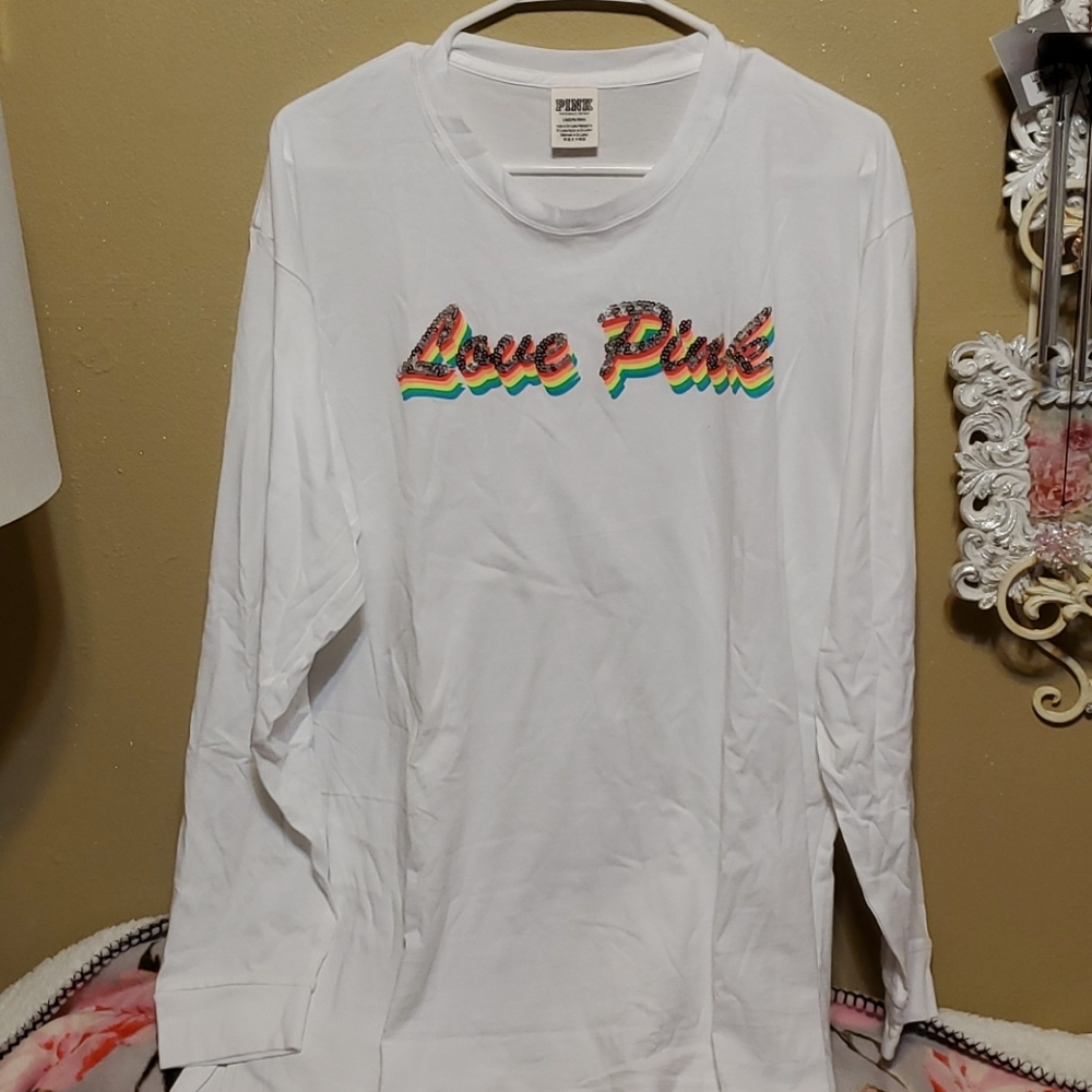 victorias secret pink white long sleeve tee bling sequin large rainbow